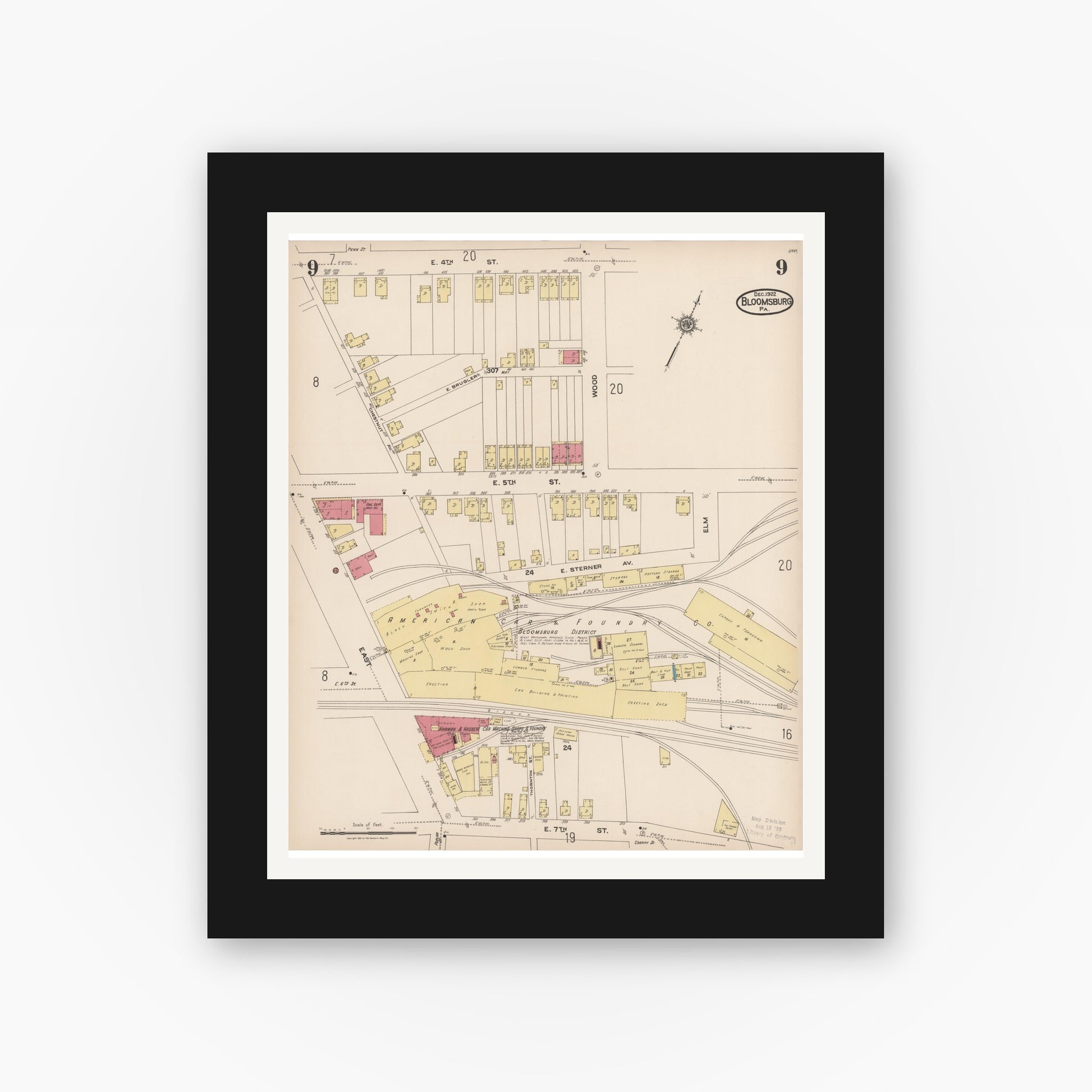 Old map wall art mockup — black gallery frame with white mat — Sanborn Fire Insurance Map from Bloomsburg, Columbia County, Pennsylvania (1922), Sheet #0009