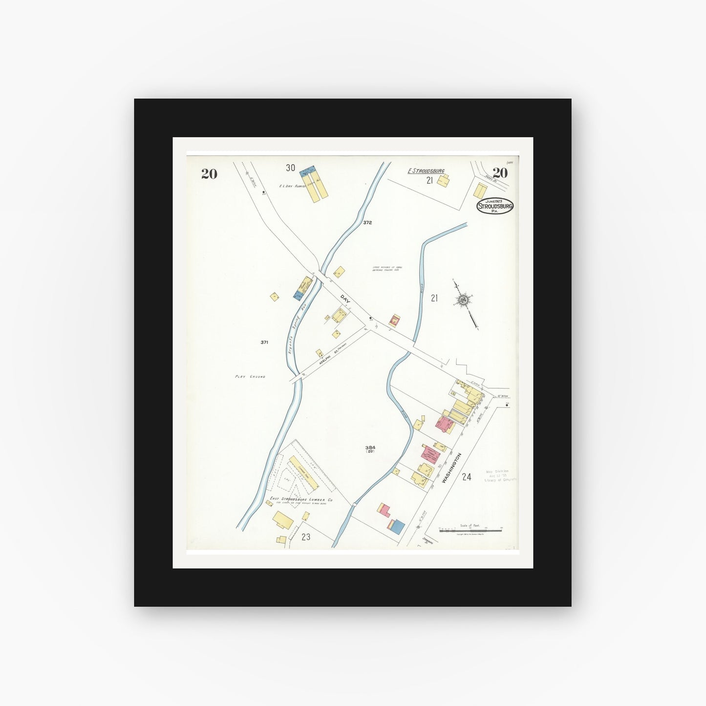 Old map wall art mockup — black gallery frame with white mat — Sanborn Fire Insurance Map from Stroudsburg, Monroe County, Pennsylvania (1923), Sheet #0020