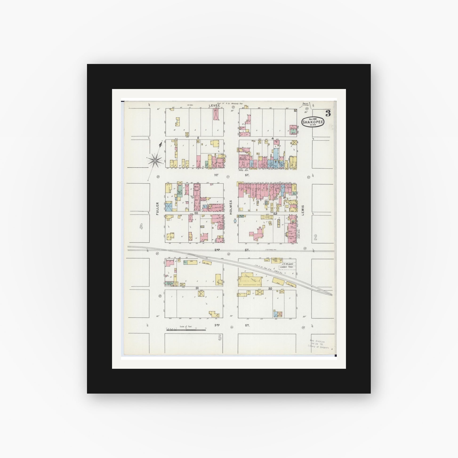 Old map wall art mockup — black gallery frame with white mat — Sanborn Fire Insurance Map from Shakopee, Scott County, Minnesota (1895), Sheet #0003
