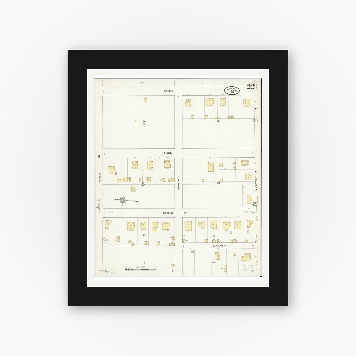 Old map wall art mockup — black gallery frame with white mat — Sanborn Fire Insurance Map from Tyler, Smith County, Texas (1912), Sheet #0022