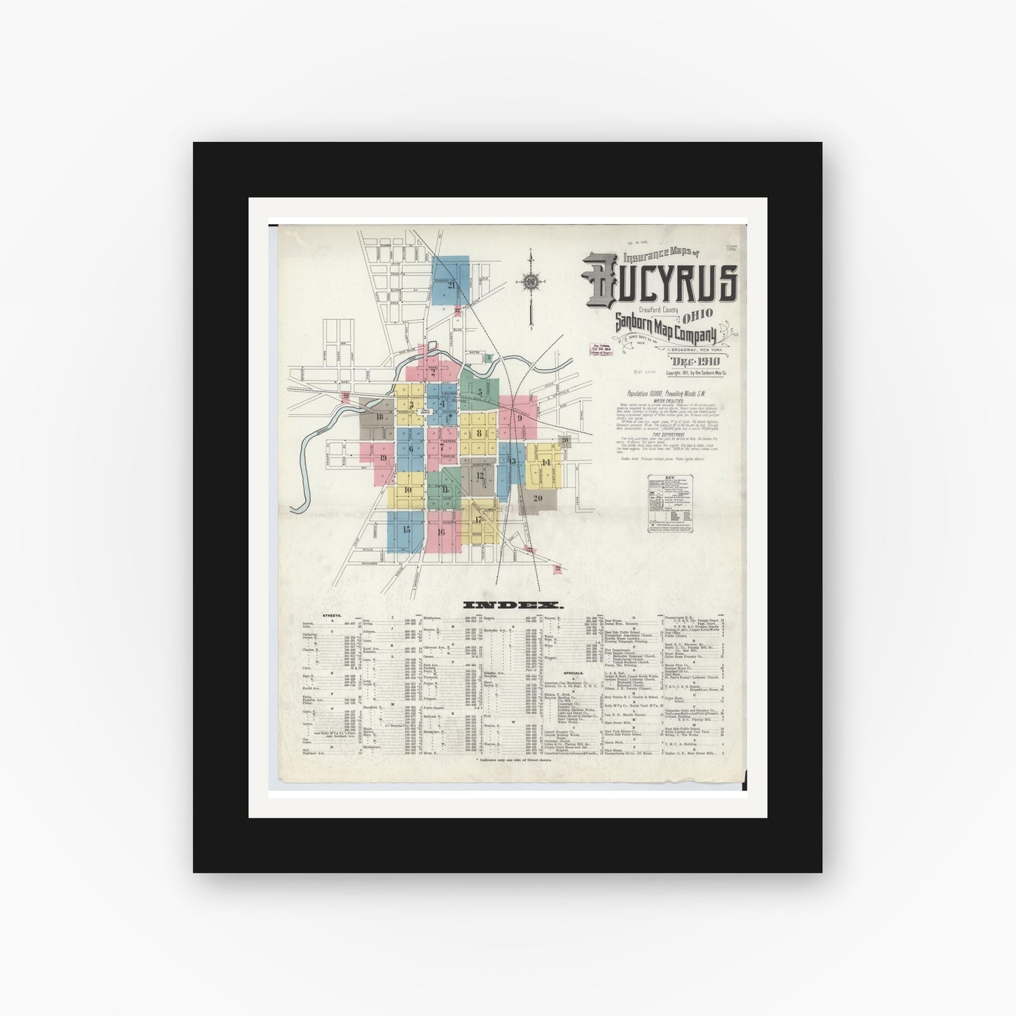 Old map wall art mockup — black gallery frame with white mat — Sanborn Fire Insurance Map from Bucyrus, Crawford County, Ohio (1910), Sheet #0001