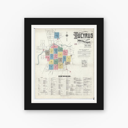 Old map wall art mockup — black gallery frame with white mat — Sanborn Fire Insurance Map from Bucyrus, Crawford County, Ohio (1910), Sheet #0001