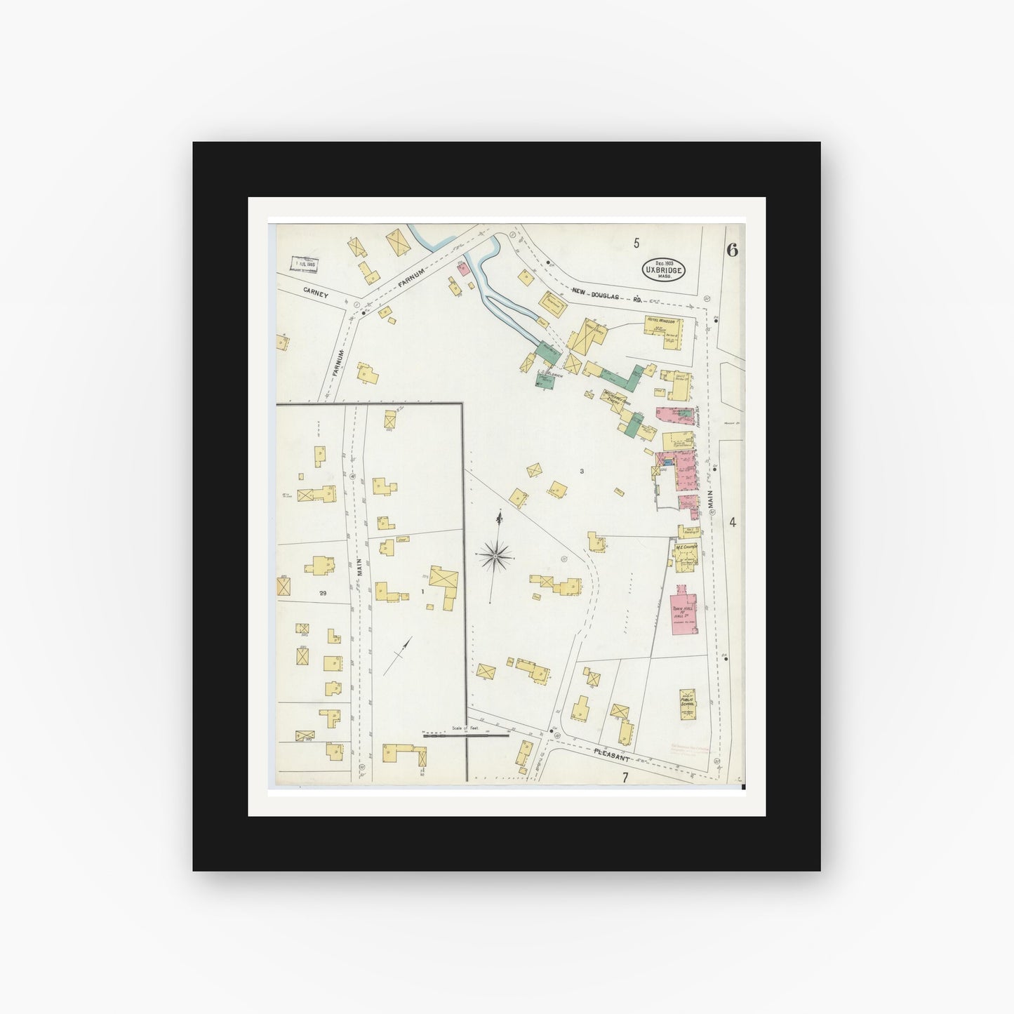 Old map wall art mockup — black gallery frame with white mat — Sanborn Fire Insurance Map from Uxbridge, Worcester County, Massachusetts (1903), Sheet #0006