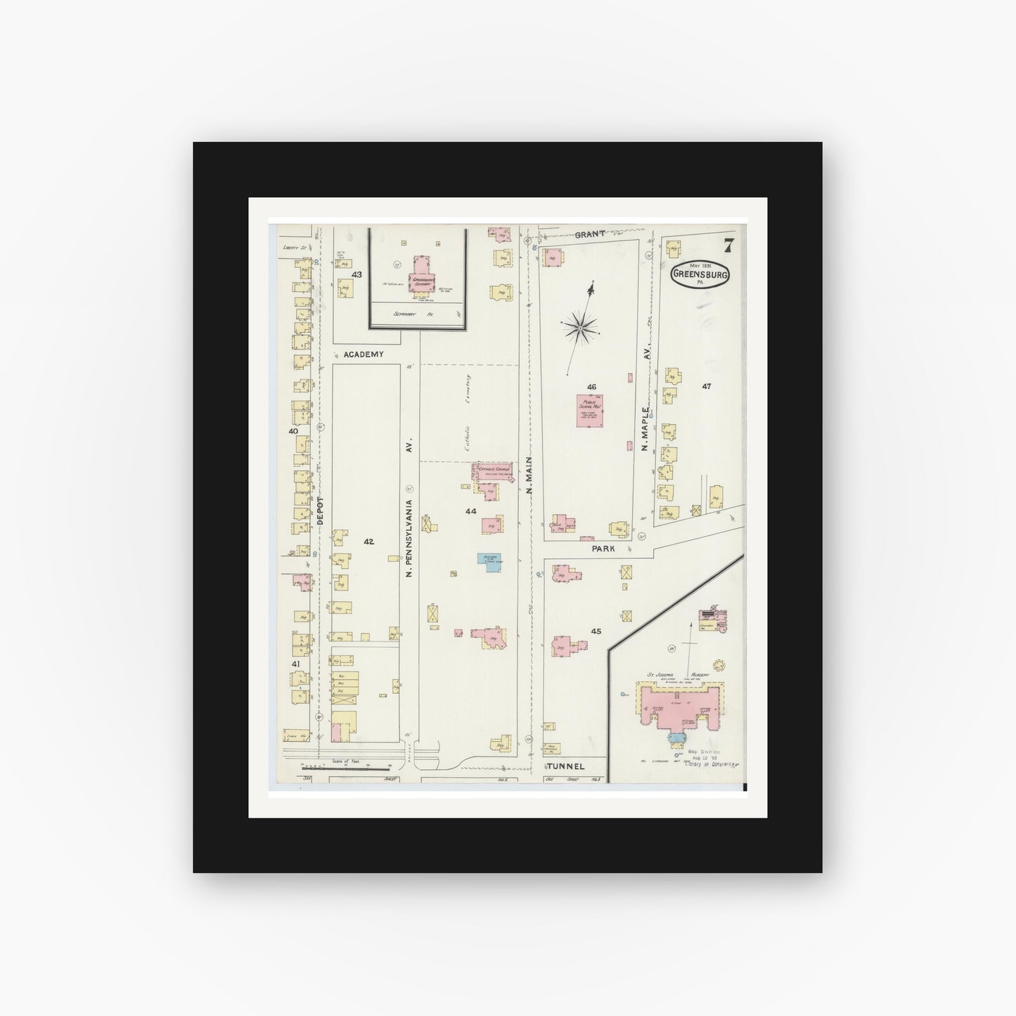 Old map wall art mockup — black gallery frame with white mat — Sanborn Fire Insurance Map from Greensburg, Westmoreland County, Pennsylvania (1891), Sheet #0007