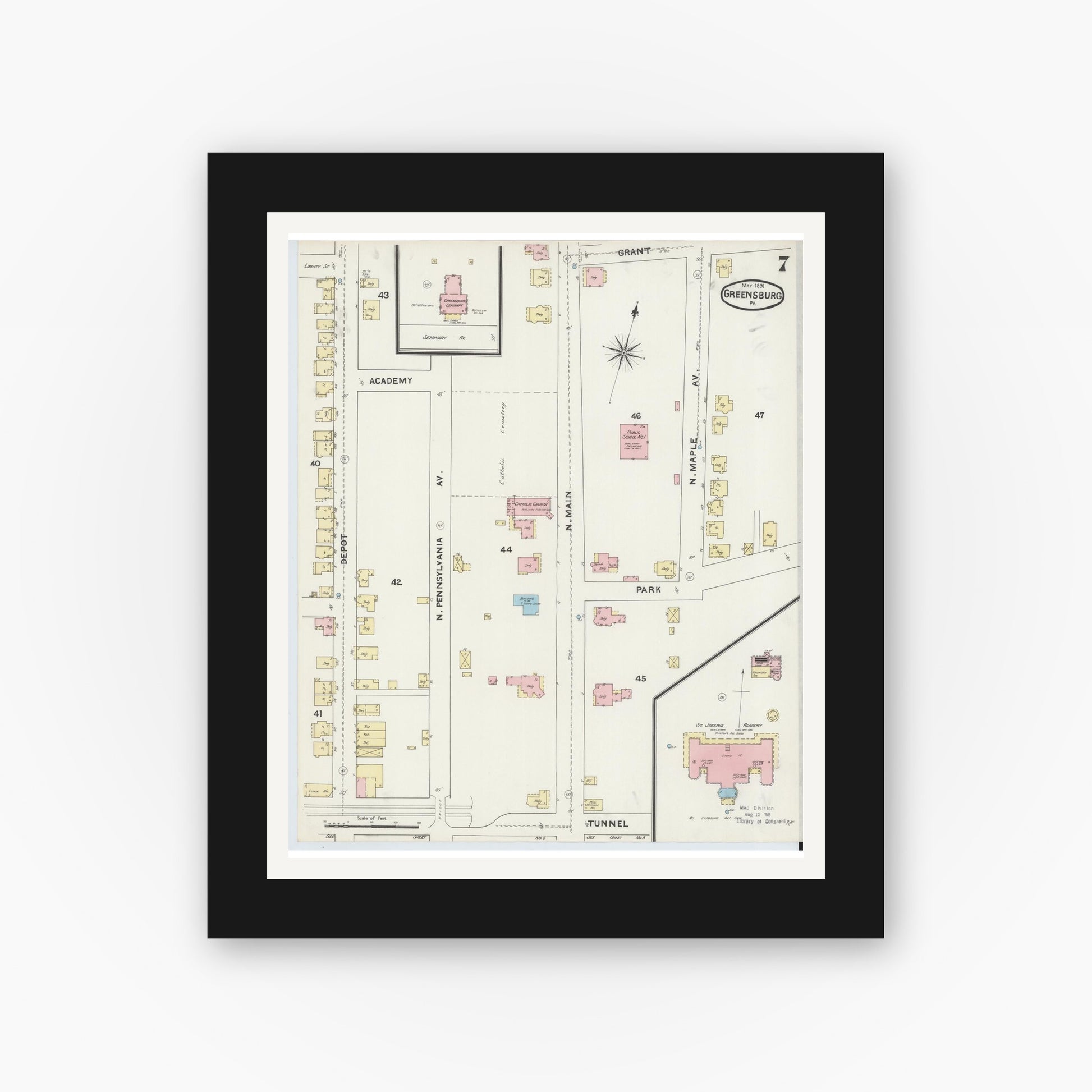Old map wall art mockup — black gallery frame with white mat — Sanborn Fire Insurance Map from Greensburg, Westmoreland County, Pennsylvania (1891), Sheet #0007