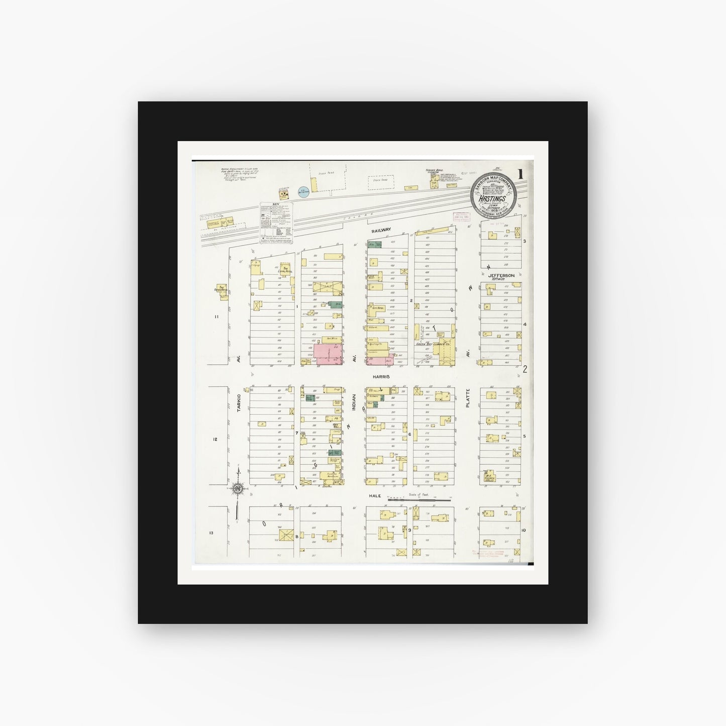 Old map wall art mockup — black gallery frame with white mat — Sanborn Fire Insurance Map from Hastings, Mills County, Iowa (1909) â€” Complete Set