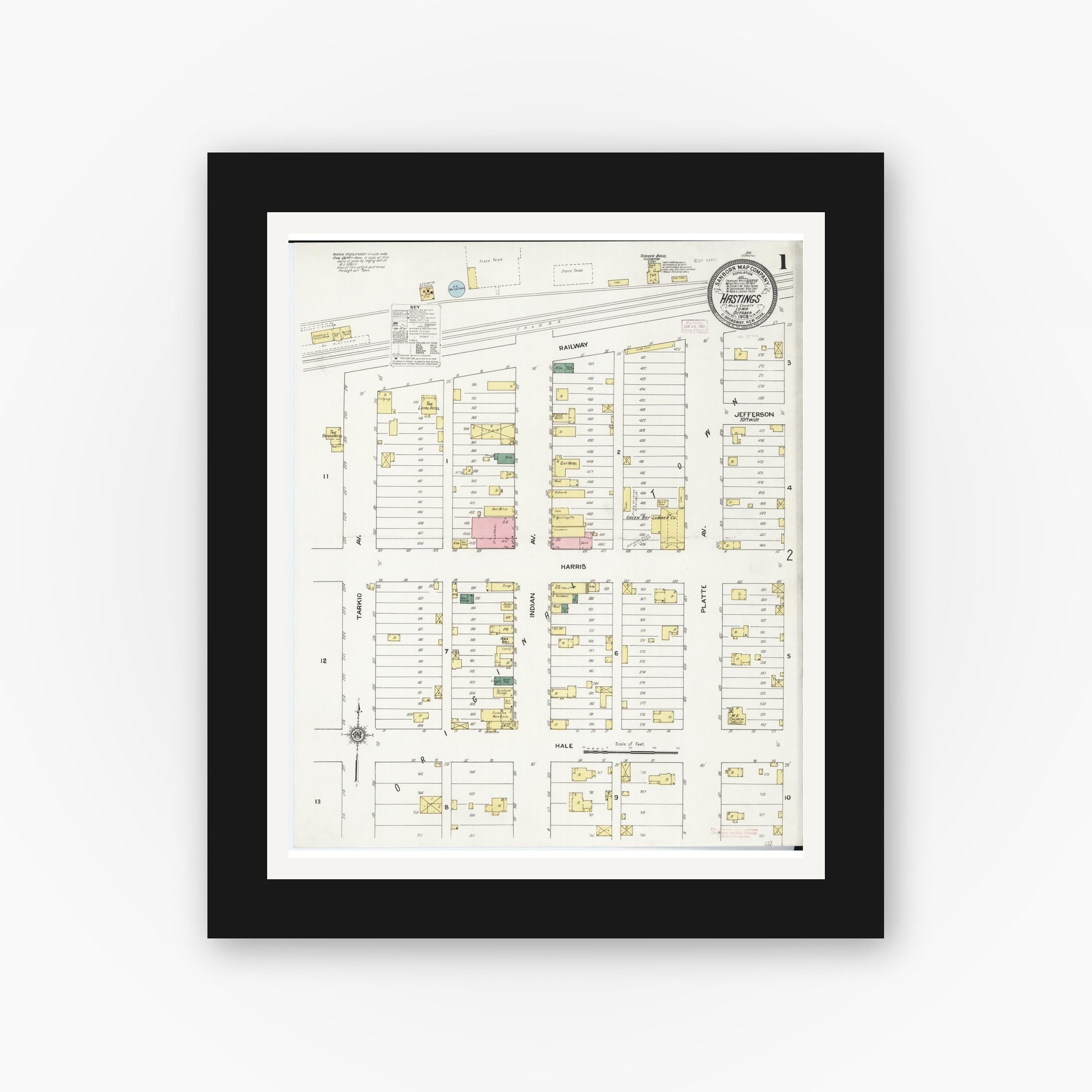Old map wall art mockup — black gallery frame with white mat — Sanborn Fire Insurance Map from Hastings, Mills County, Iowa (1909) â€” Complete Set
