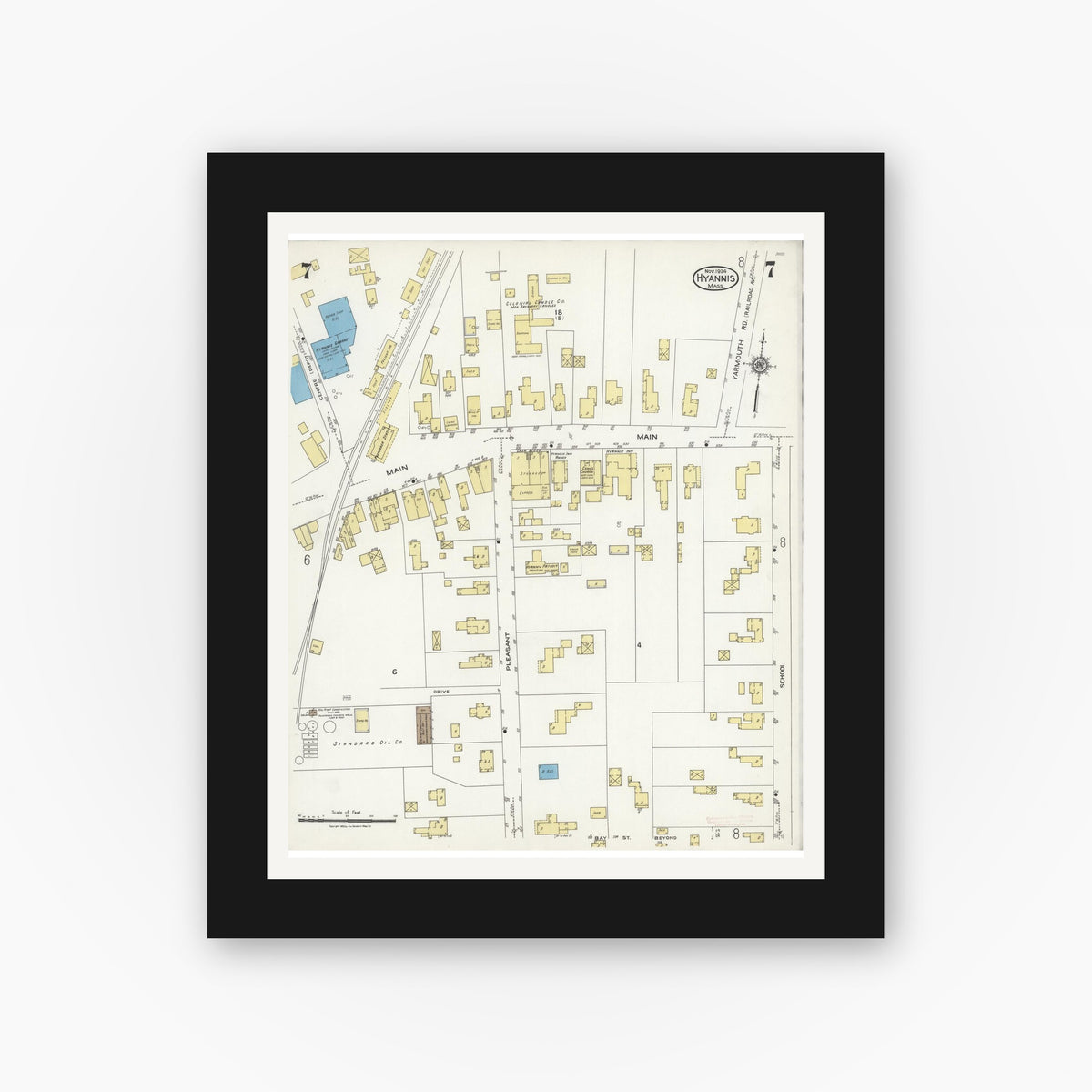 Old map wall art mockup — black gallery frame with white mat — Sanborn Fire Insurance Map from Hyannis, Barnstable County, Massachusetts (1924), Sheet #0007