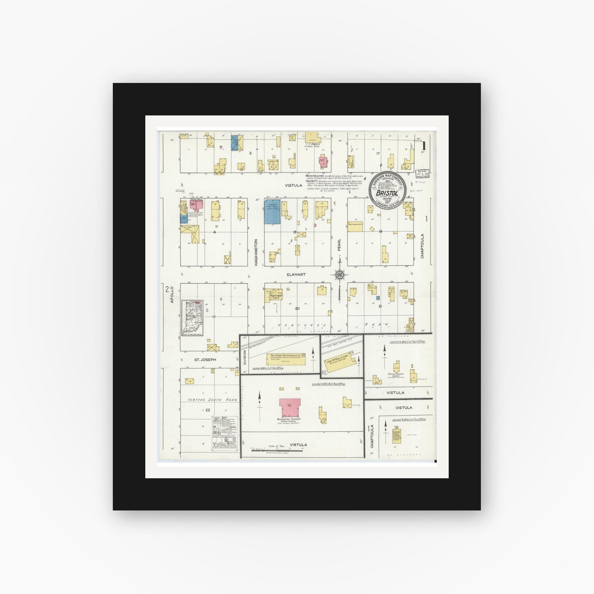 Old map wall art mockup — black gallery frame with white mat — Sanborn Fire Insurance Map from Bristol, Elkhart County, Indiana (1917) - Complete Map Set