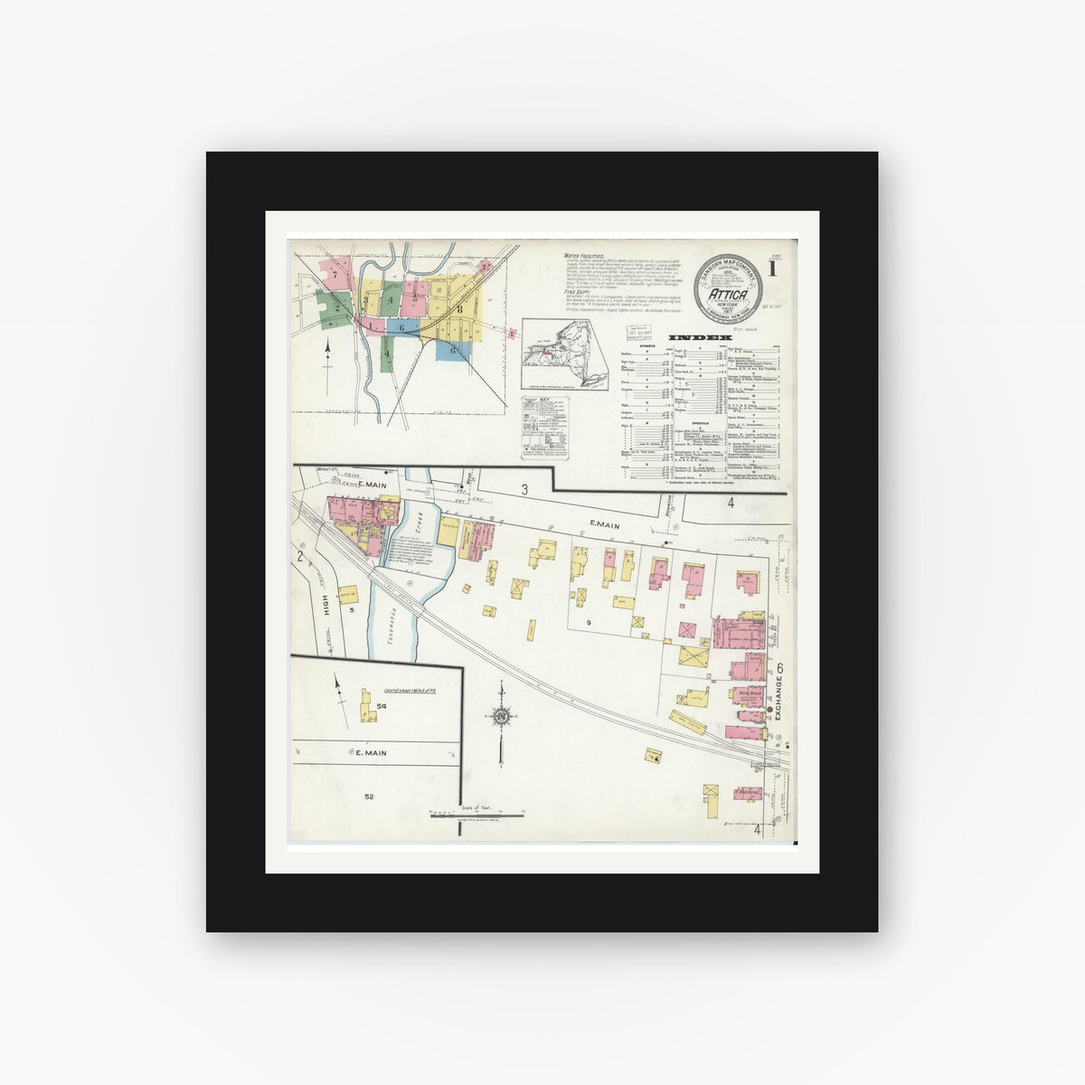 Old map wall art mockup — black gallery frame with white mat — Sanborn Fire Insurance Map from Attica, Wyoming County, New York (1917), Sheet #0001