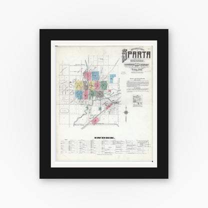 Old map wall art mockup — black gallery frame with white mat — Sanborn Fire Insurance Map from Sparta, Monroe County, Wisconsin (1911), Sheet #0001