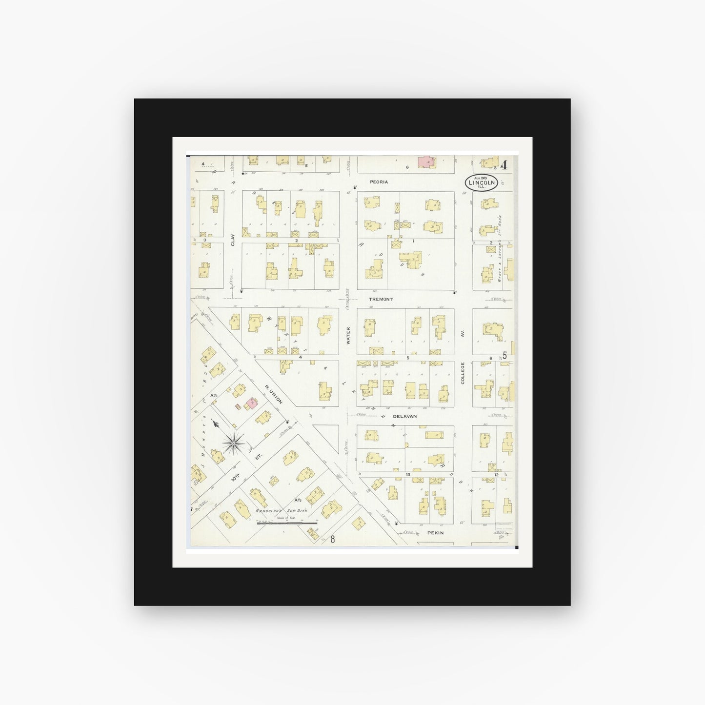 Old map wall art mockup — black gallery frame with white mat — Sanborn Fire Insurance Map from Lincoln, Logan County, Illinois (1909), Sheet #0004