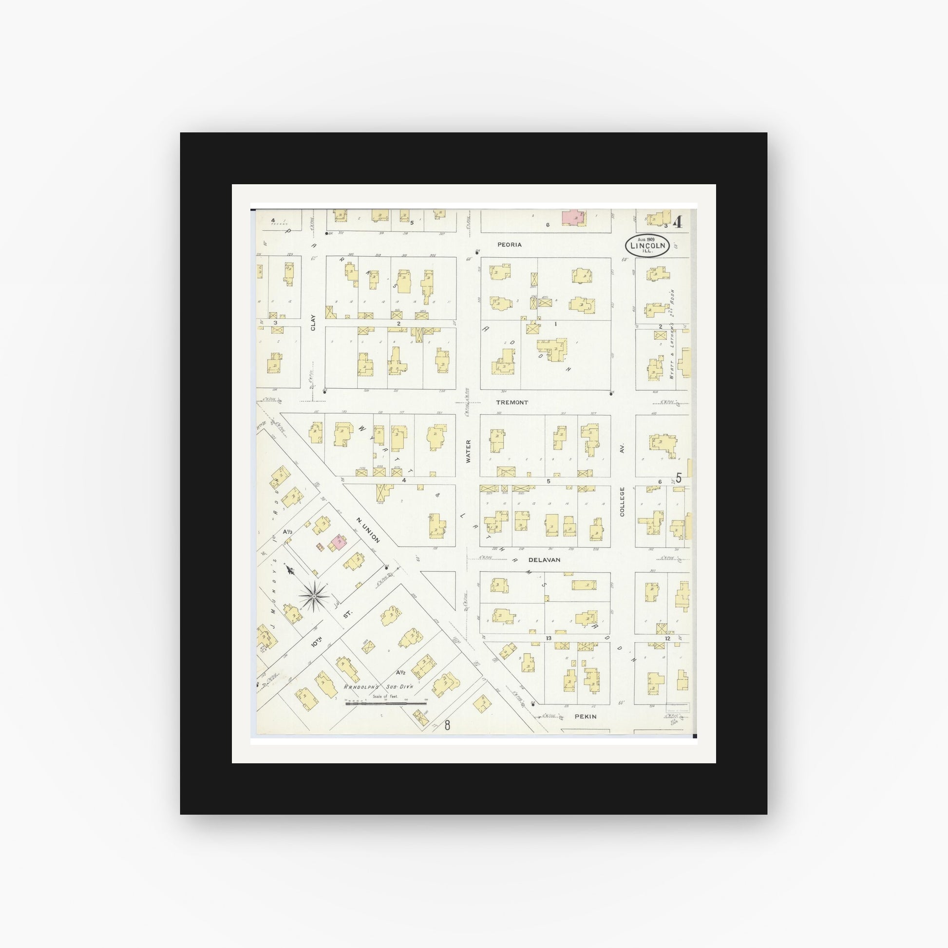 Old map wall art mockup — black gallery frame with white mat — Sanborn Fire Insurance Map from Lincoln, Logan County, Illinois (1909), Sheet #0004