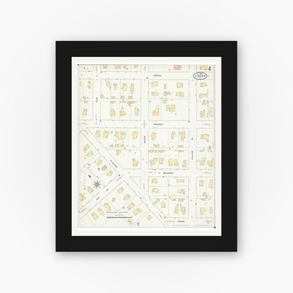 Old map wall art mockup — black gallery frame with white mat — Sanborn Fire Insurance Map from Lincoln, Logan County, Illinois (1909), Sheet #0004