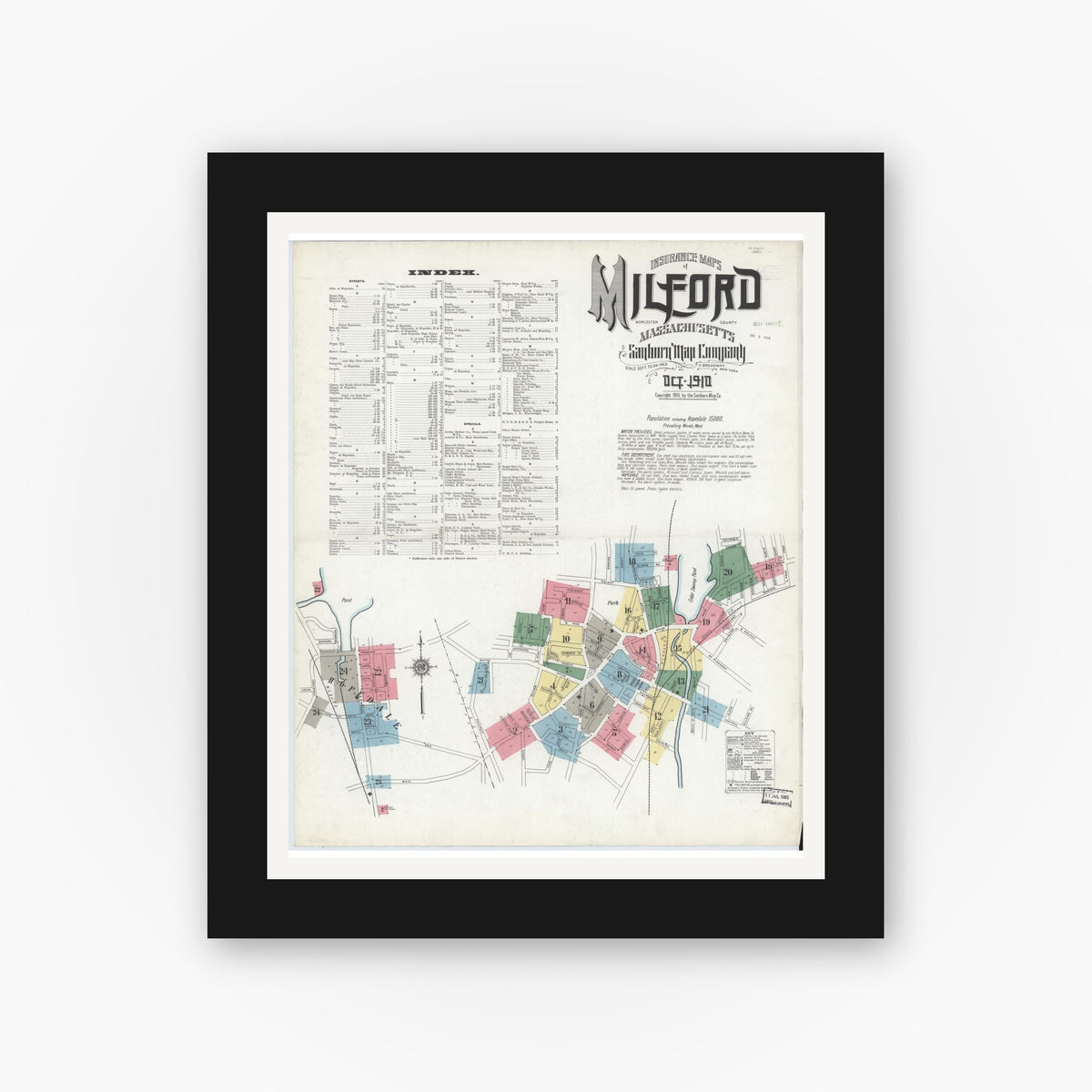 Old map wall art mockup — black gallery frame with white mat — Sanborn Fire Insurance Map from Milford, Worcester County, Massachusetts (1910) - Complete Map Set