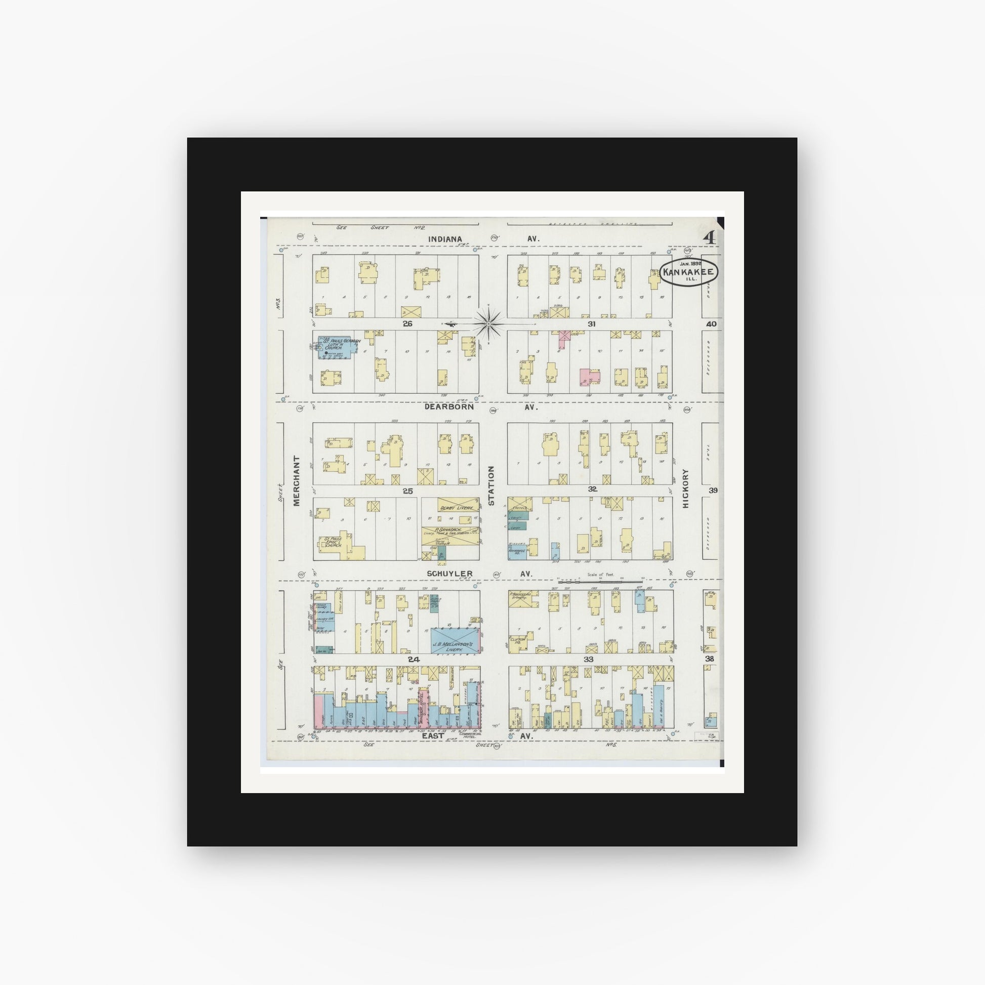 Old map wall art mockup — black gallery frame with white mat — Sanborn Fire Insurance Map from Kankakee, Kankakee County, Illinois (1892), Sheet #0004
