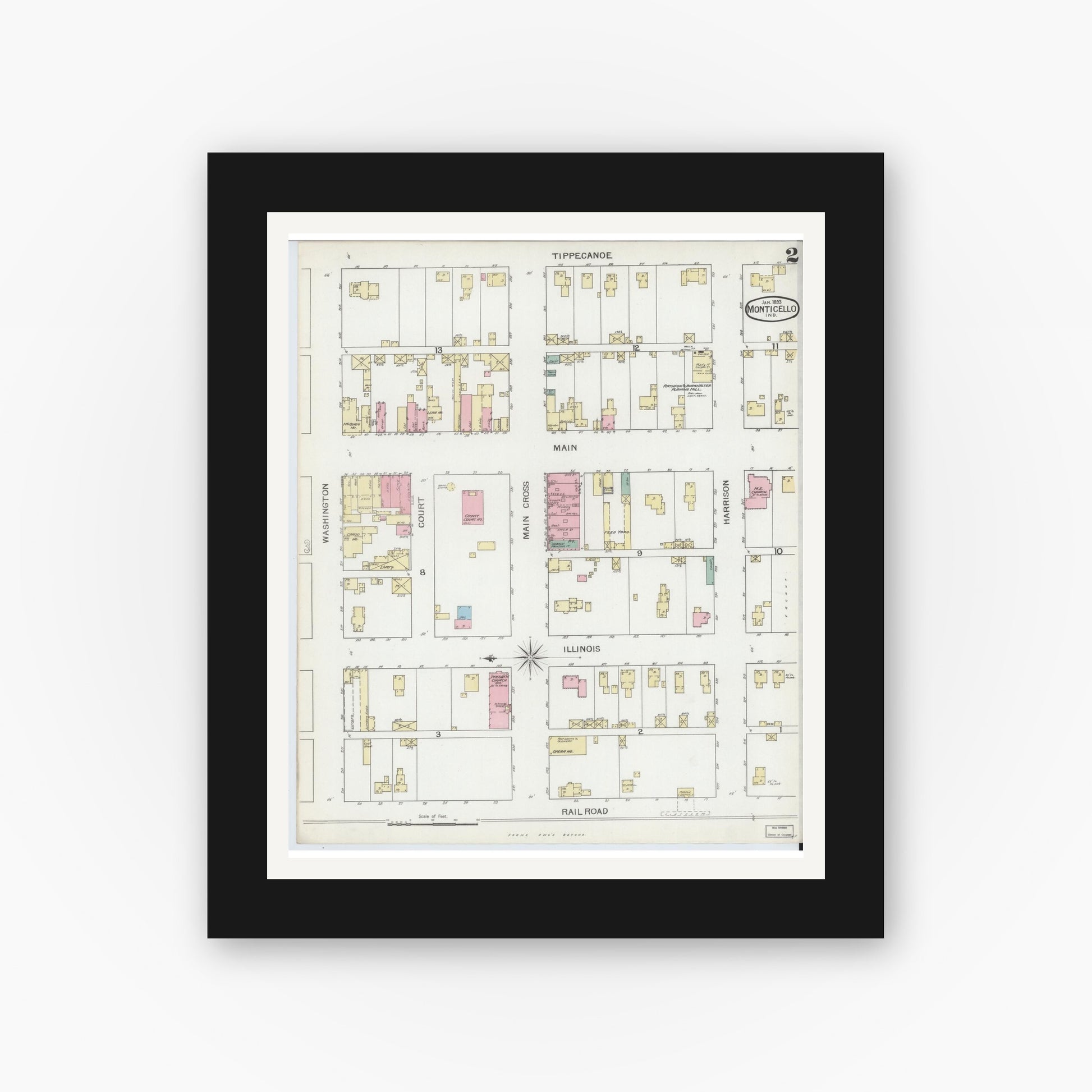 Old map wall art mockup — black gallery frame with white mat — Sanborn Fire Insurance Map from Monticello, White County, Indiana (1893), Sheet #0002