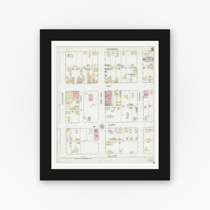 Old map wall art mockup — black gallery frame with white mat — Sanborn Fire Insurance Map from Monticello, White County, Indiana (1893), Sheet #0002