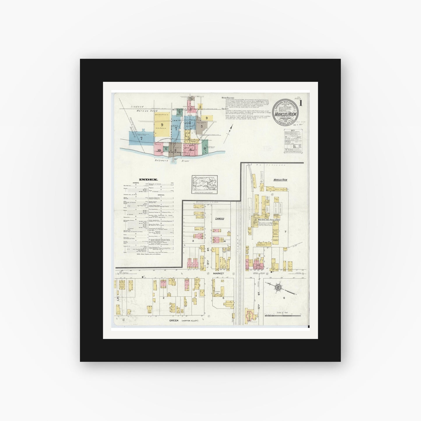Old map wall art mockup — black gallery frame with white mat — Sanborn Fire Insurance Map from Marcus Hook, Chester County, Pennsylvania (1912) - Complete Map Set