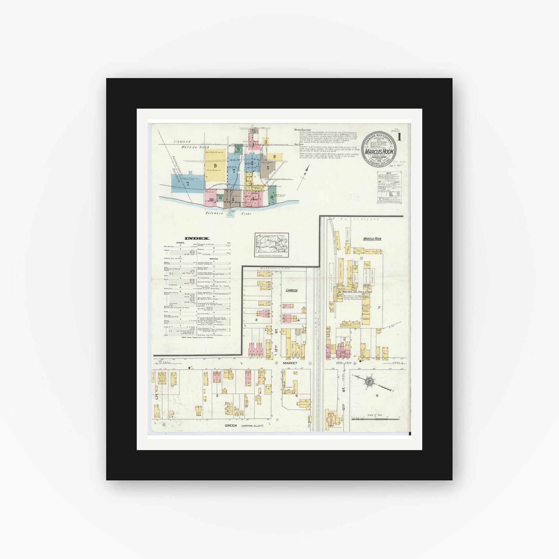 Old map wall art mockup — black gallery frame with white mat — Sanborn Fire Insurance Map from Marcus Hook, Chester County, Pennsylvania (1912) - Complete Map Set