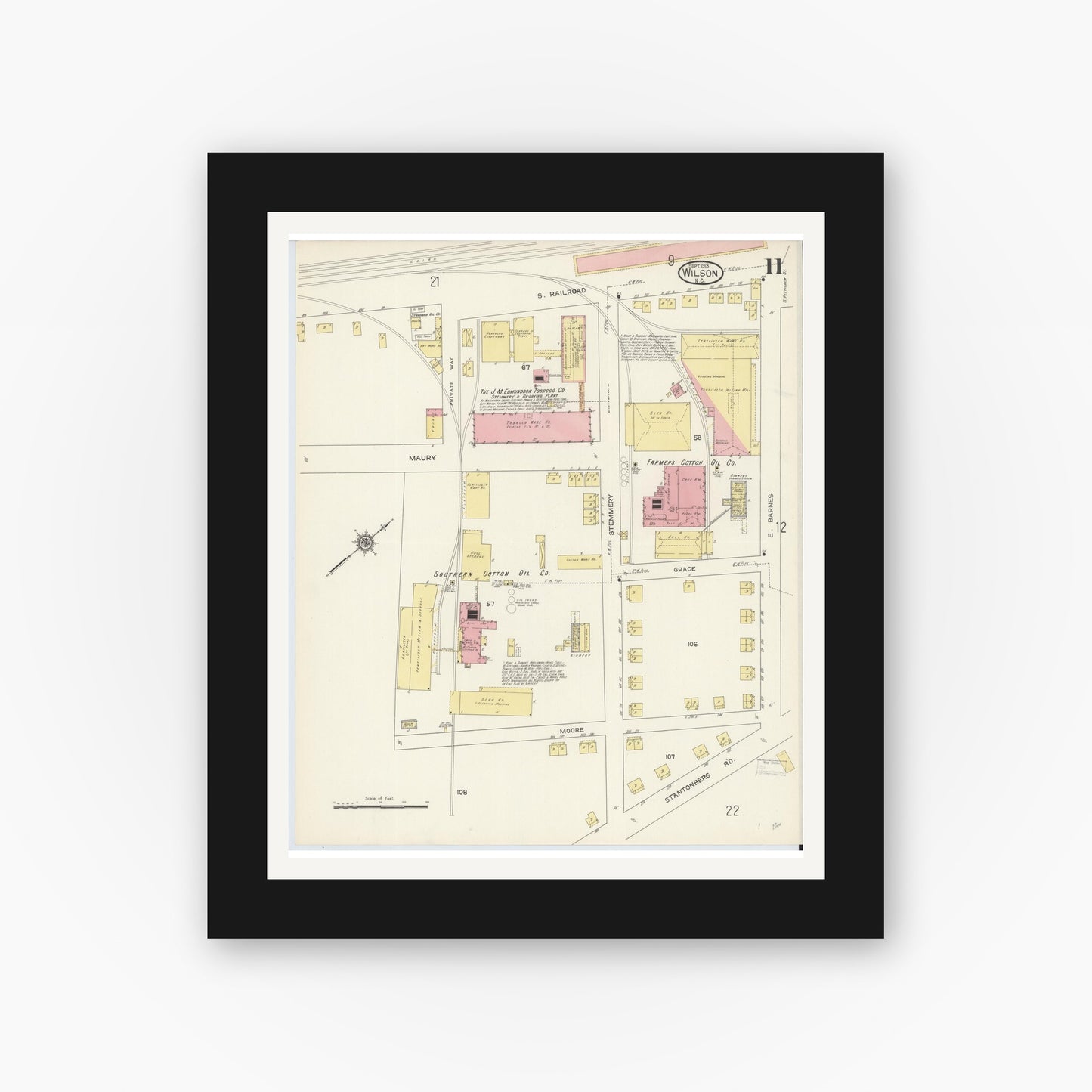 Old map wall art mockup — black gallery frame with white mat — Sanborn Fire Insurance Map from Wilson, Wilson County, North Carolina (1913), Sheet #0011