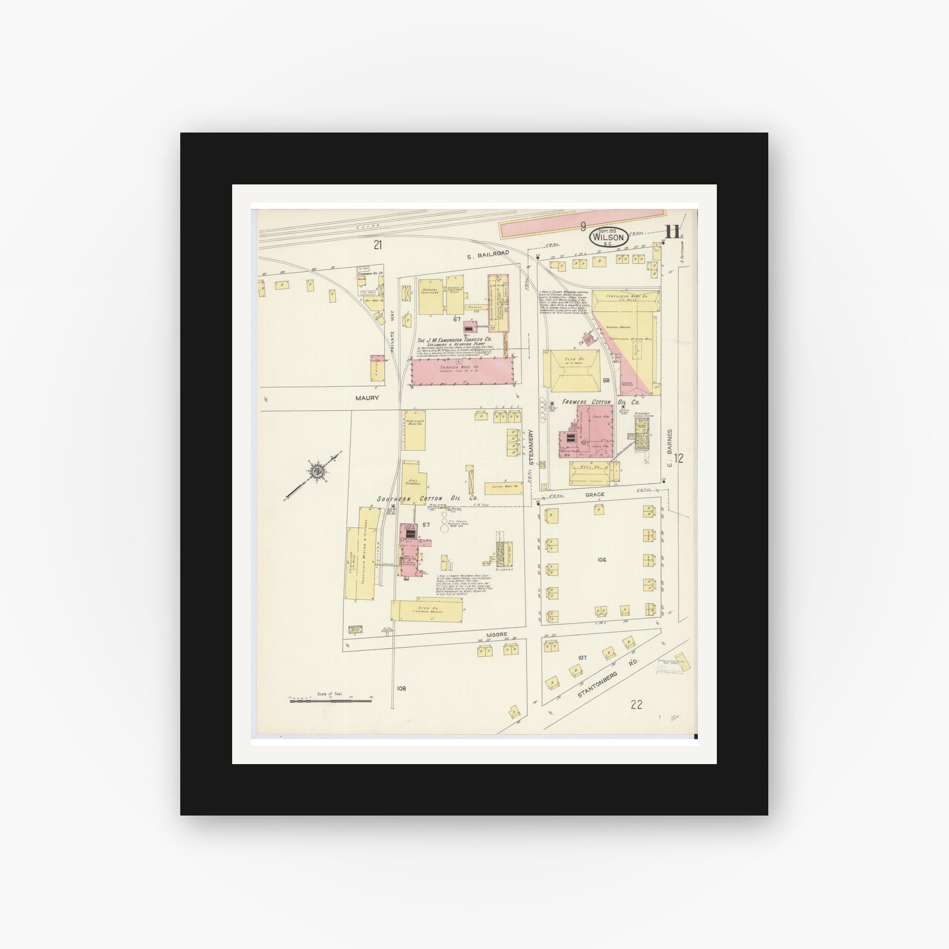 Old map wall art mockup — black gallery frame with white mat — Sanborn Fire Insurance Map from Wilson, Wilson County, North Carolina (1913), Sheet #0011