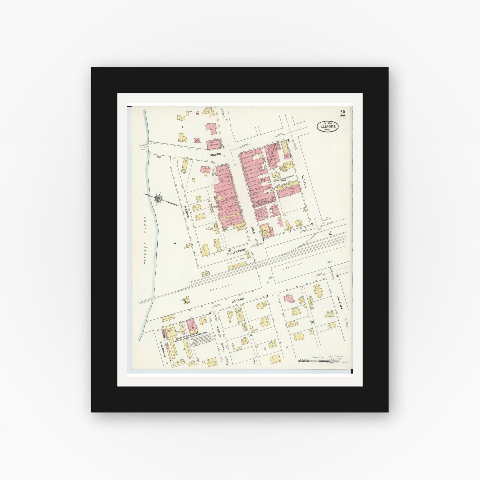 Old map wall art mockup — black gallery frame with white mat — Sanborn Fire Insurance Map from Elmore, Ottawa County, Ohio (1910), Sheet #0002