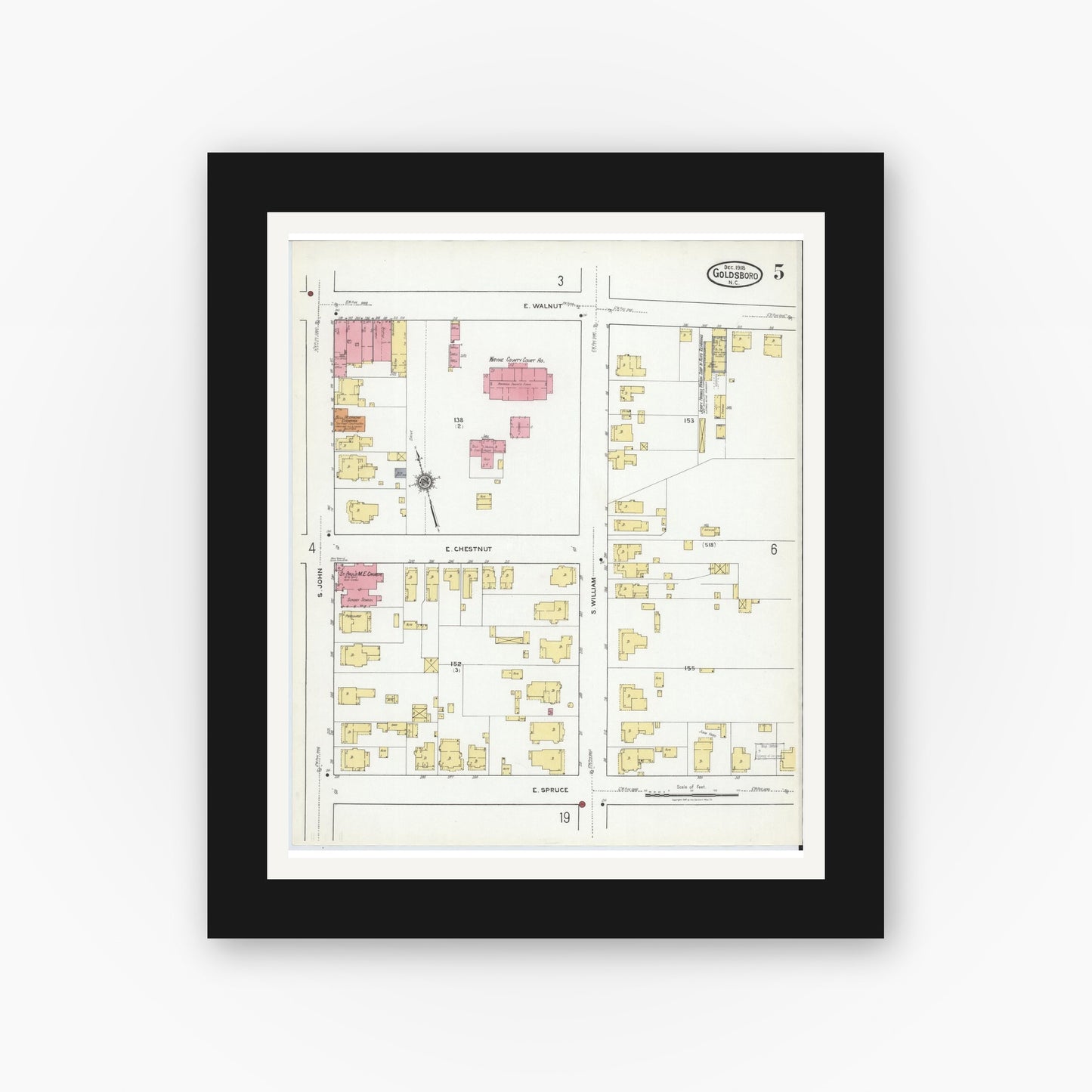 Old map wall art mockup — black gallery frame with white mat — Sanborn Fire Insurance Map from Goldsboro, Wayne County, North Carolina (1918), Sheet #0005