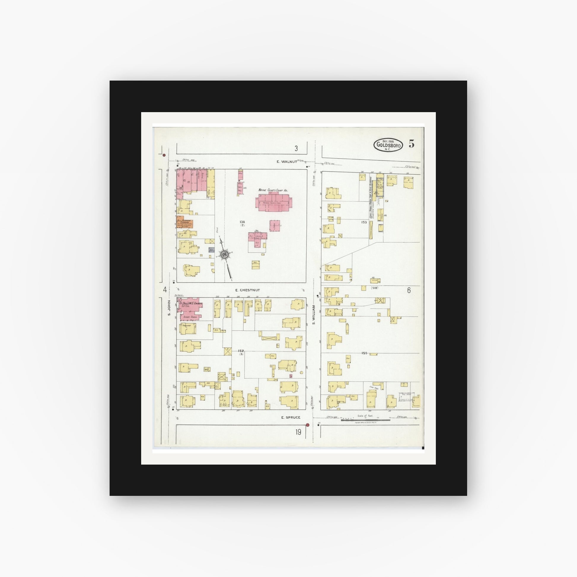 Old map wall art mockup — black gallery frame with white mat — Sanborn Fire Insurance Map from Goldsboro, Wayne County, North Carolina (1918), Sheet #0005