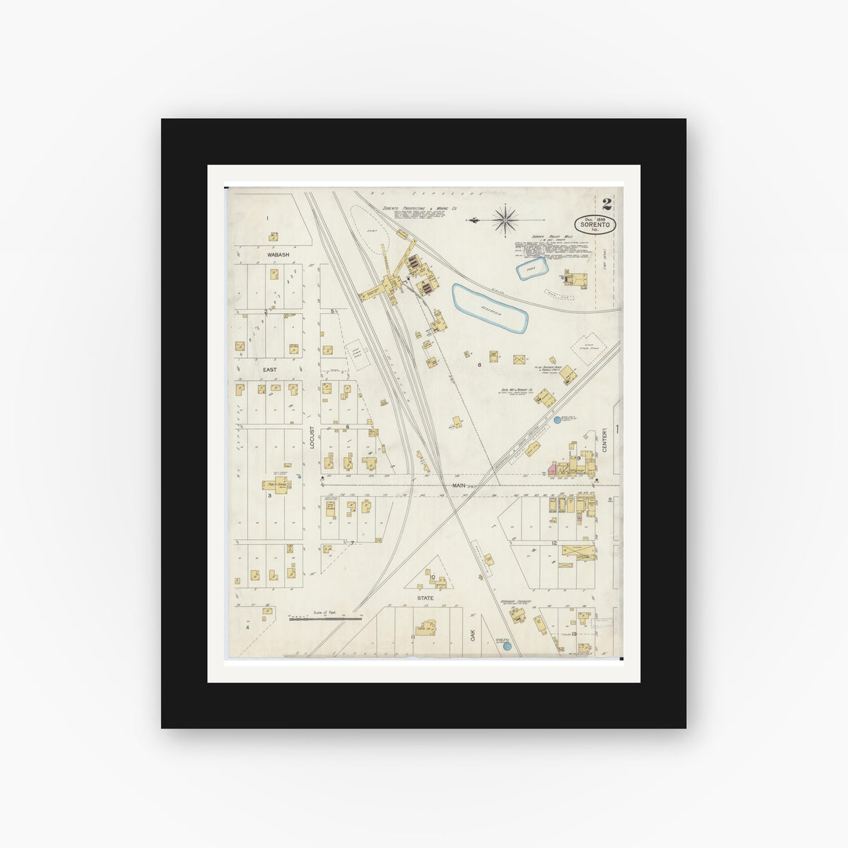 Old map wall art mockup — black gallery frame with white mat — Sanborn Fire Insurance Map from Sorento, Bond County, Illinois (1899), Sheet #0002