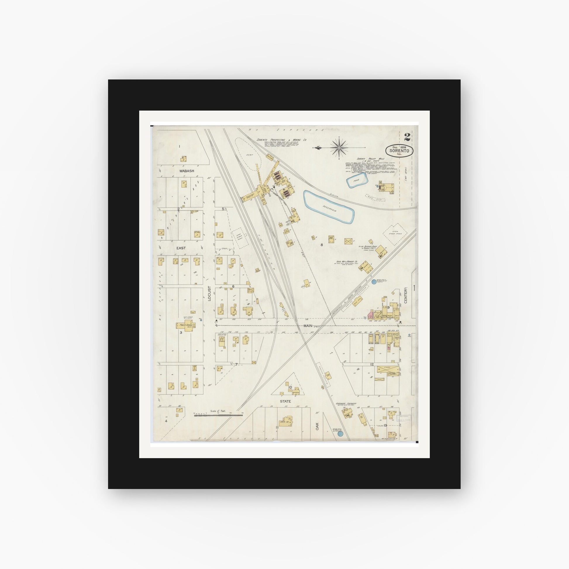 Old map wall art mockup — black gallery frame with white mat — Sanborn Fire Insurance Map from Sorento, Bond County, Illinois (1899), Sheet #0002