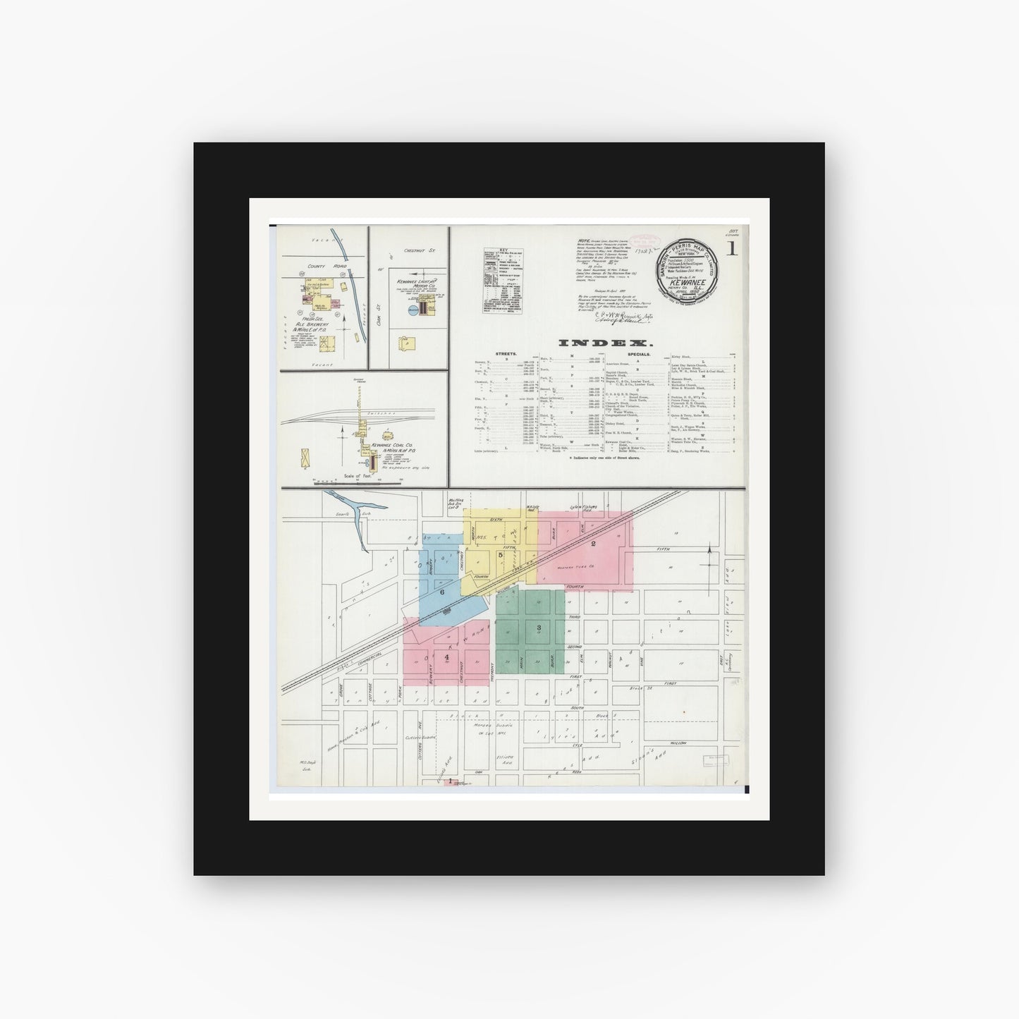 Old map wall art mockup — black gallery frame with white mat — Sanborn Fire Insurance Map from Kewanee, Henry County, Illinois (1892), Sheet #0001