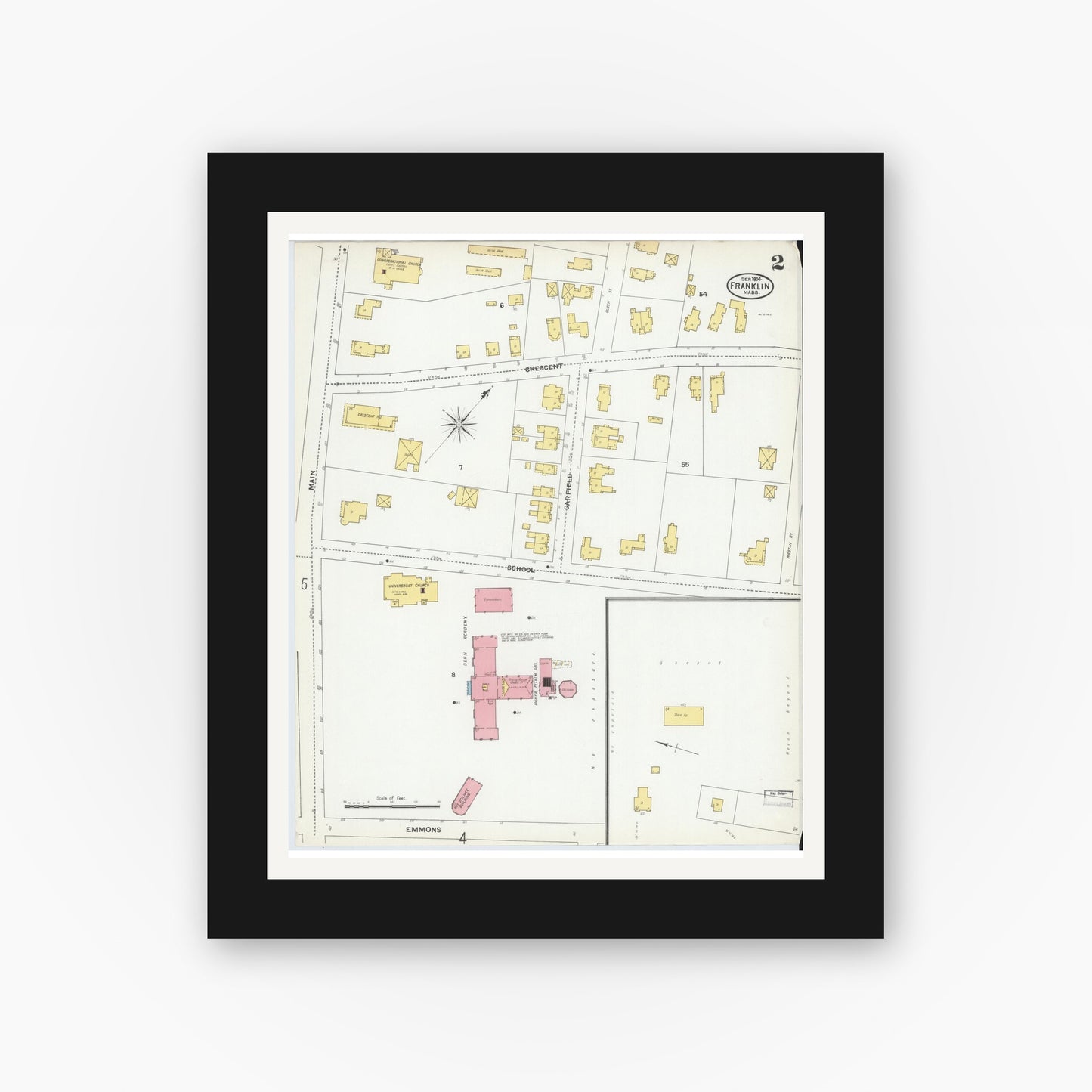 Old map wall art mockup — black gallery frame with white mat — Sanborn Fire Insurance Map from Franklin, Norfolk County, Massachusetts (1904), Sheet #0002