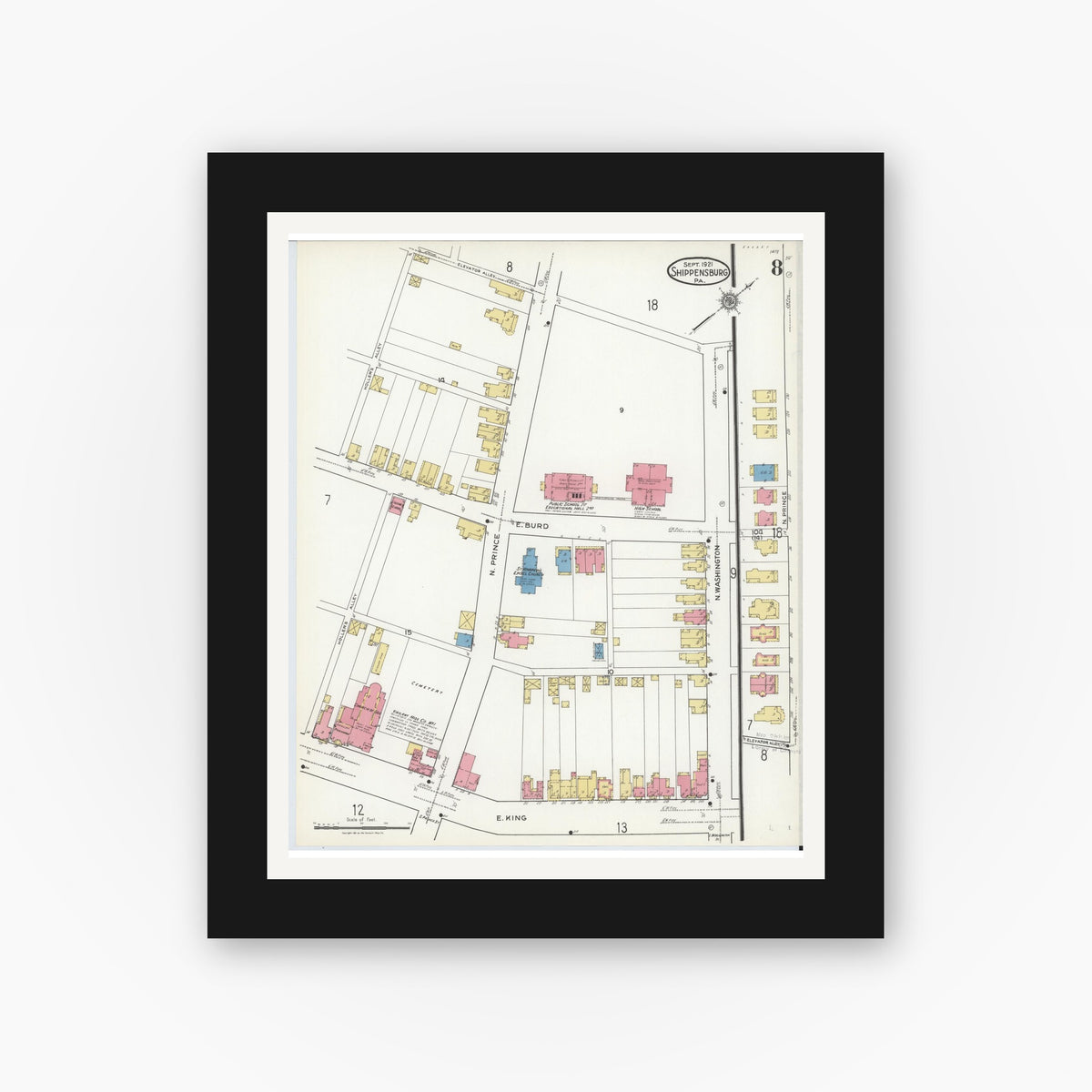 Old map wall art mockup — black gallery frame with white mat — Sanborn Fire Insurance Map from Shippensburg, Cumberland And Franklin Counties, Pennsylvania (1921), Sheet #0008