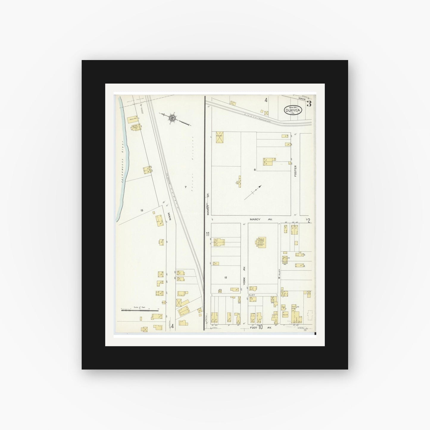 Old map wall art mockup — black gallery frame with white mat — Sanborn Fire Insurance Map from Duryea, Luzerne County, Pennsylvania (1914), Sheet #0003