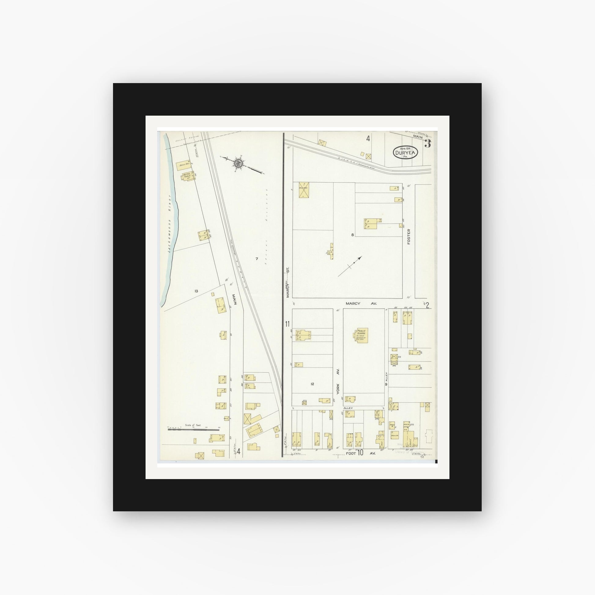 Old map wall art mockup — black gallery frame with white mat — Sanborn Fire Insurance Map from Duryea, Luzerne County, Pennsylvania (1914), Sheet #0003