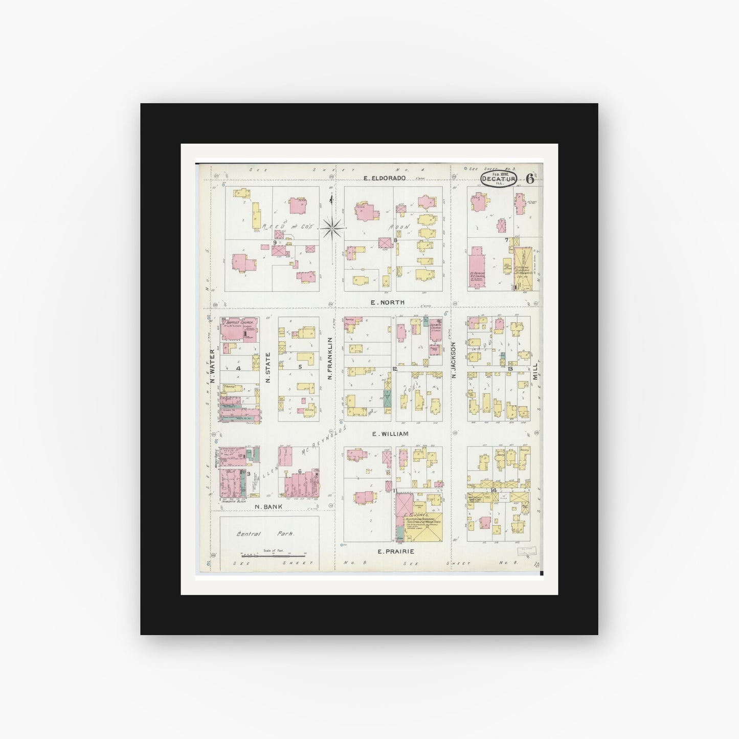 Old map wall art mockup — black gallery frame with white mat — Sanborn Fire Insurance Map from Decatur, Macon County, Illinois (1892), Sheet #0006