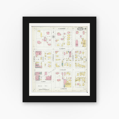 Old map wall art mockup — black gallery frame with white mat — Sanborn Fire Insurance Map from Decatur, Macon County, Illinois (1892), Sheet #0006