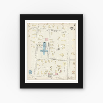 Old map wall art mockup — black gallery frame with white mat — Sanborn Fire Insurance Map from Dedham, Norfolk County, Massachusetts (1885), Sheet #0002