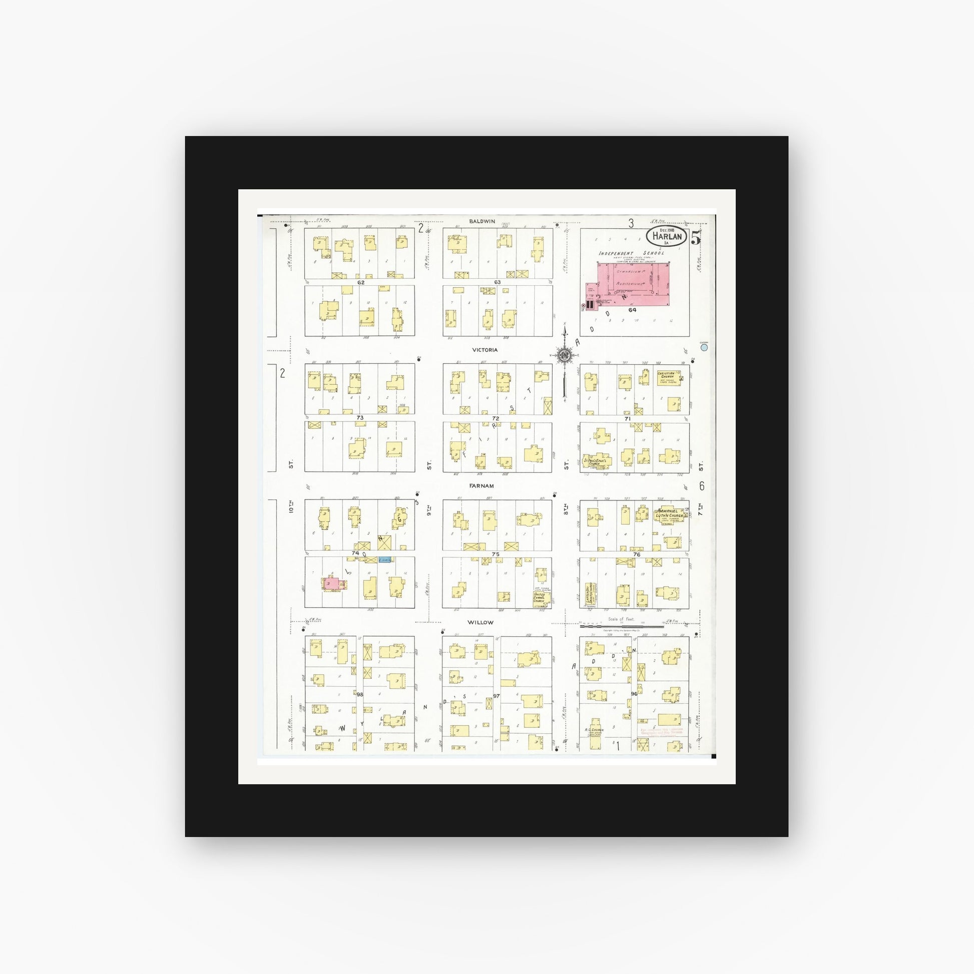 Old map wall art mockup — black gallery frame with white mat — Sanborn Fire Insurance Map from Harlan, Shelby County, Iowa (1918), Sheet #0005