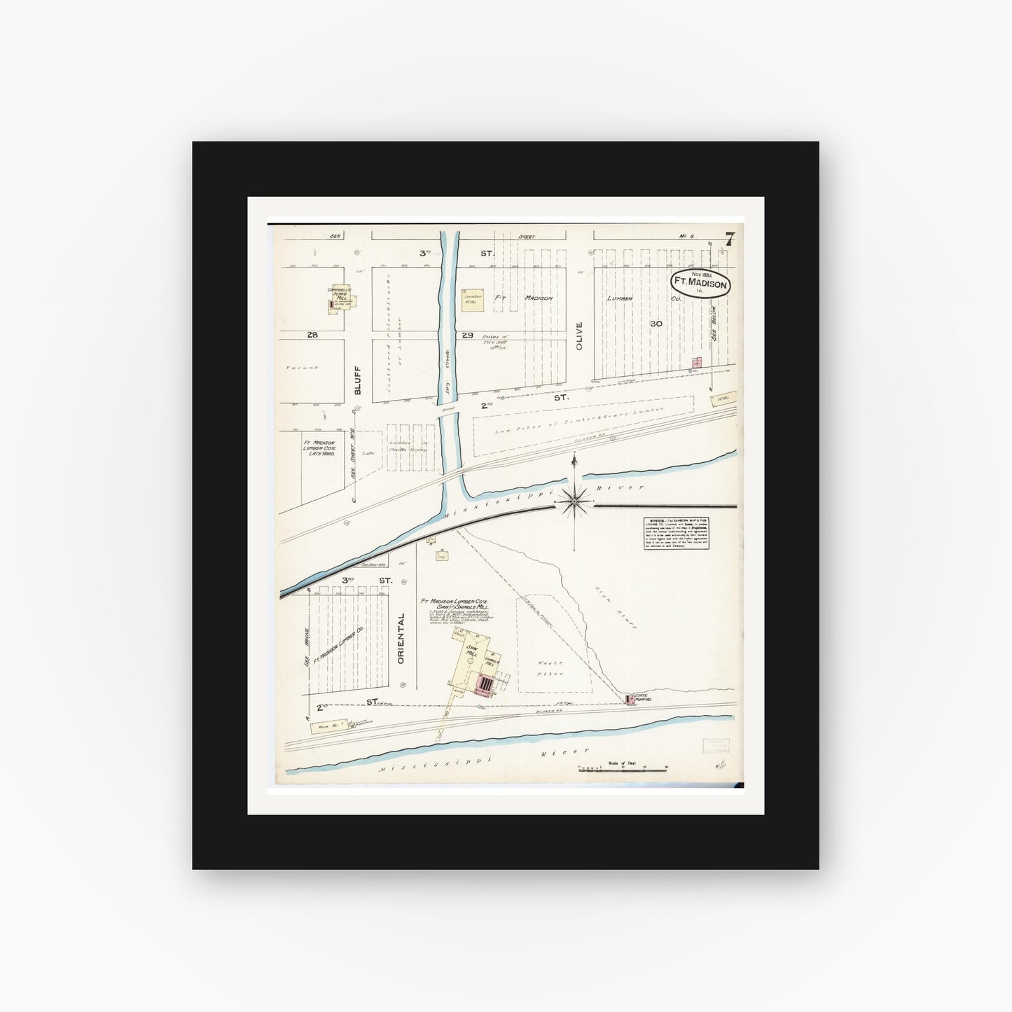 Old map wall art mockup — black gallery frame with white mat — Sanborn Fire Insurance Map from Fort Madison, Lee County, Iowa (1884), Sheet #0007
