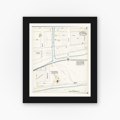 Old map wall art mockup — black gallery frame with white mat — Sanborn Fire Insurance Map from Fort Madison, Lee County, Iowa (1884), Sheet #0007