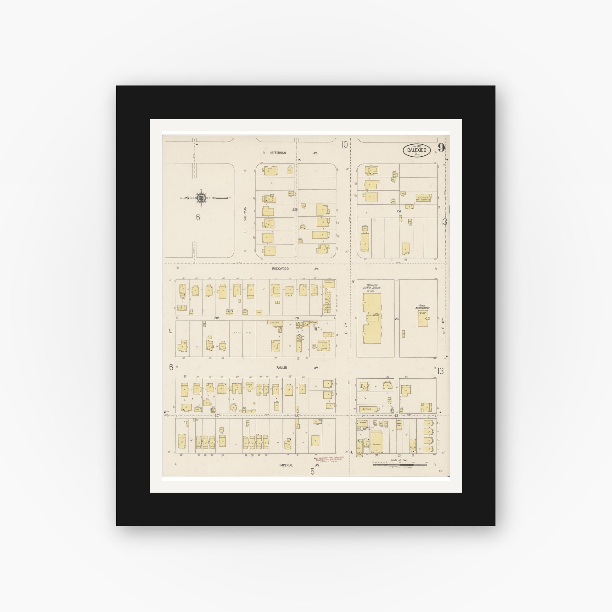 Old map wall art mockup — black gallery frame with white mat — Sanborn Fire Insurance Map from Calexico, Imperial County, California (1920), Sheet #0009