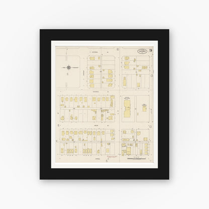 Old map wall art mockup — black gallery frame with white mat — Sanborn Fire Insurance Map from Calexico, Imperial County, California (1920), Sheet #0009