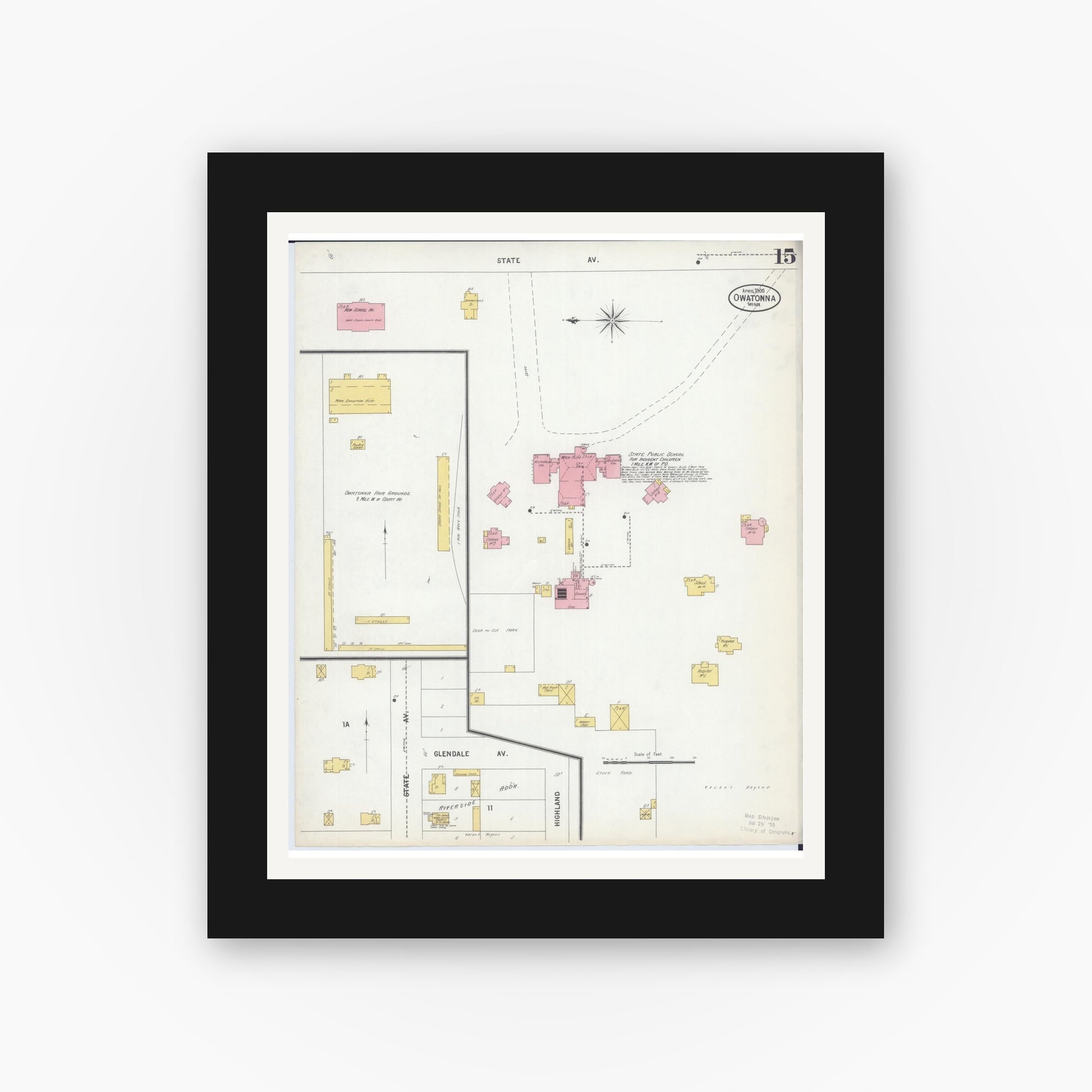 Old map wall art mockup — black gallery frame with white mat — Sanborn Fire Insurance Map from Owatonna, Steele County, Minnesota (1900), Sheet #0015