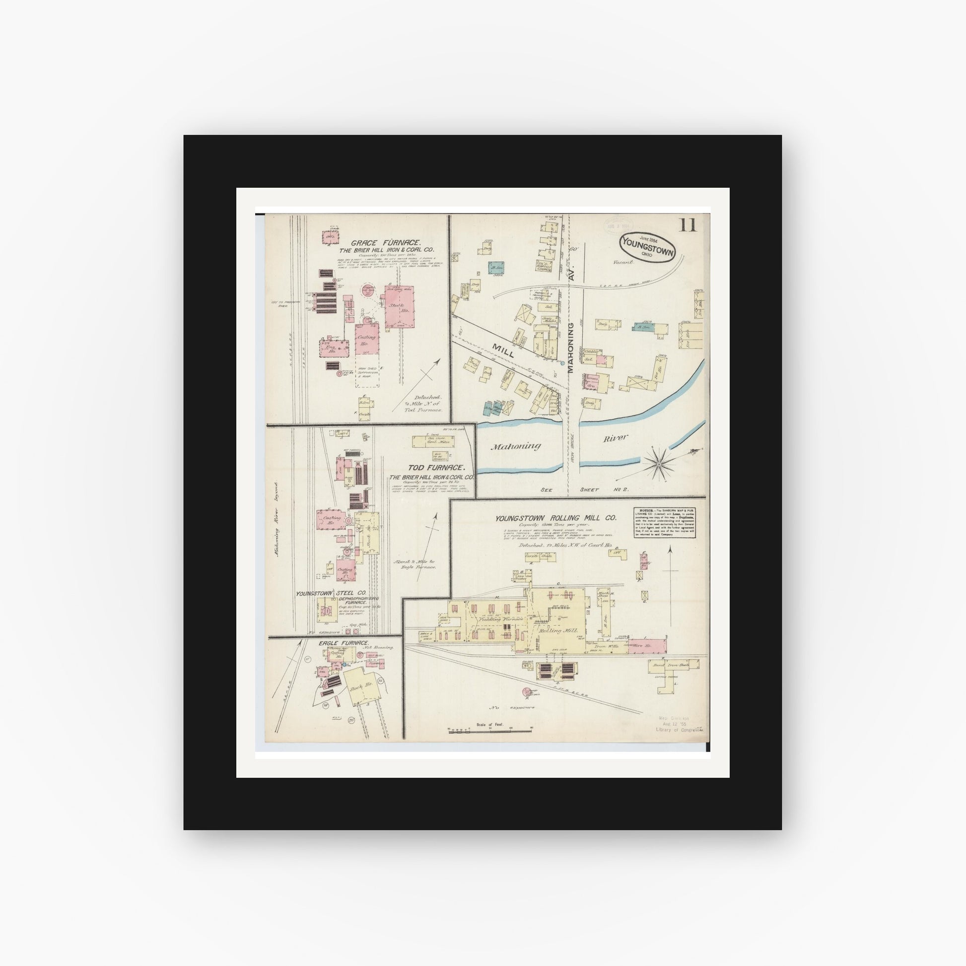 Old map wall art mockup — black gallery frame with white mat — Sanborn Fire Insurance Map from Youngstown, Mahoning County, Ohio (1884), Sheet #0011