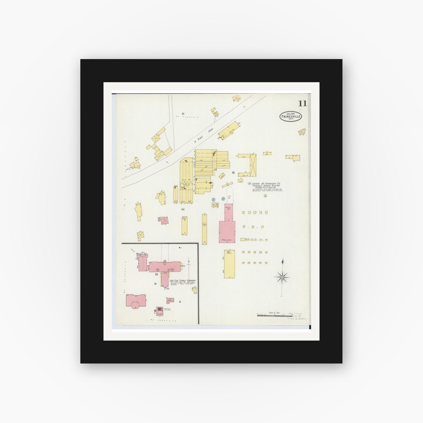 Old map wall art mockup — black gallery frame with white mat — Sanborn Fire Insurance Map from Painesville, Lake County, Ohio (1898), Sheet #0011