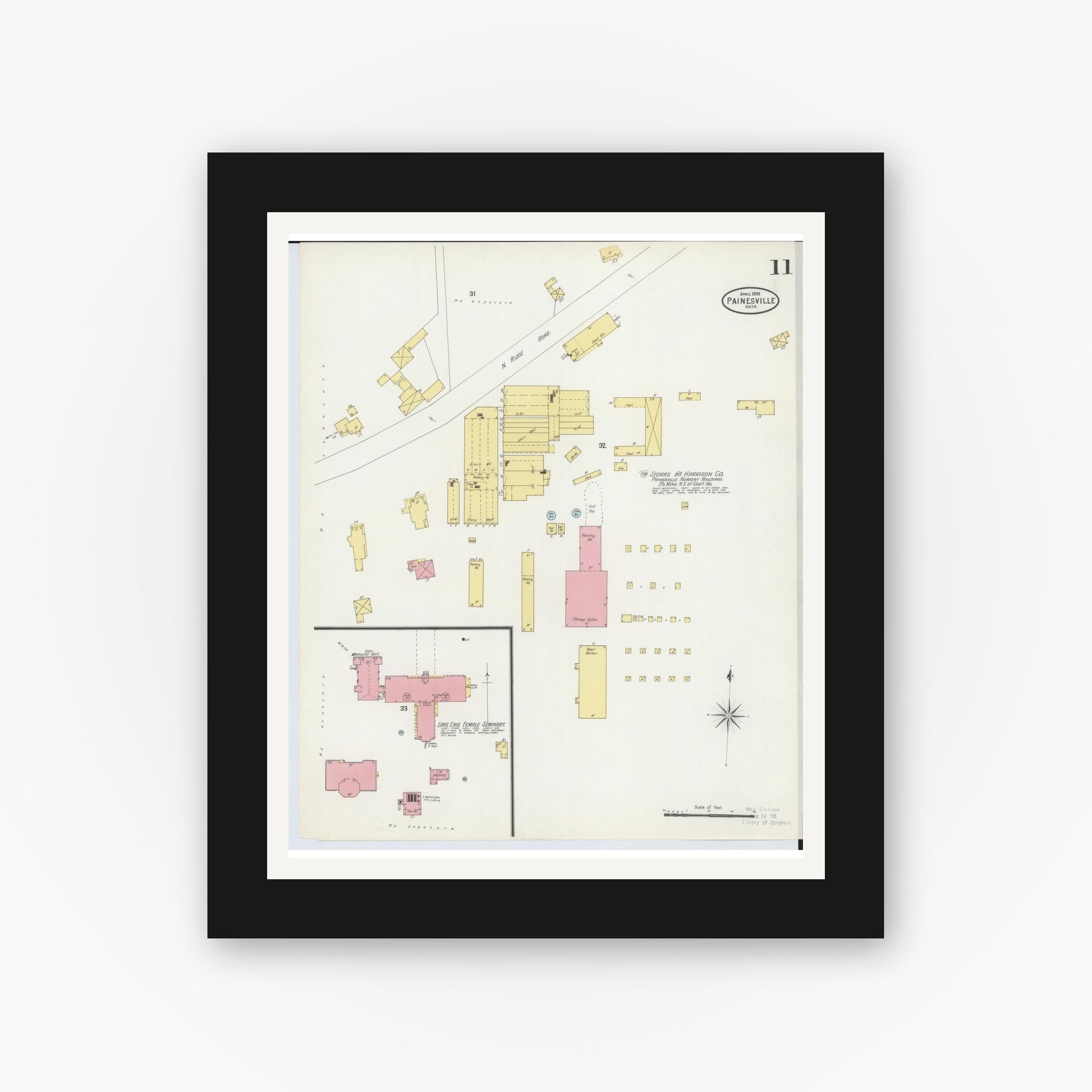 Old map wall art mockup — black gallery frame with white mat — Sanborn Fire Insurance Map from Painesville, Lake County, Ohio (1898), Sheet #0011