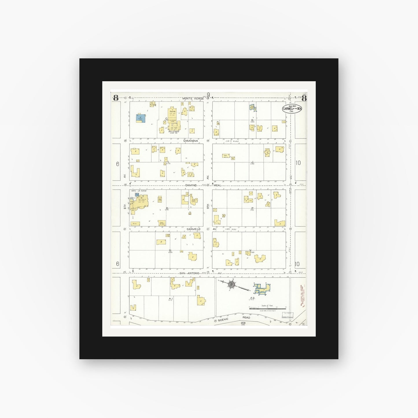 Old map wall art mockup — black gallery frame with white mat — Sanborn Fire Insurance Map from Carmel By The Sea, Monterey County, California (1924), Sheet #0008