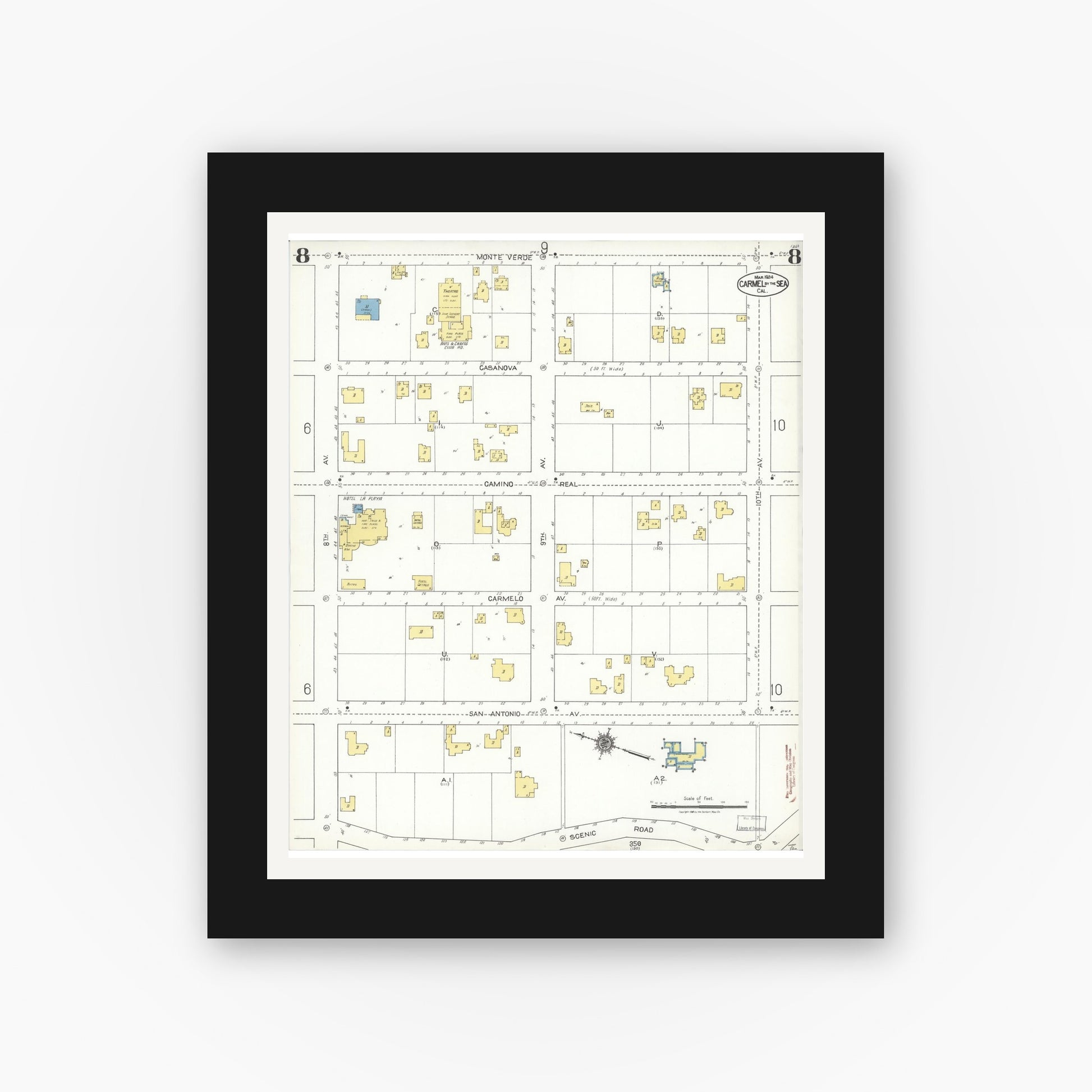 Old map wall art mockup — black gallery frame with white mat — Sanborn Fire Insurance Map from Carmel By The Sea, Monterey County, California (1924), Sheet #0008